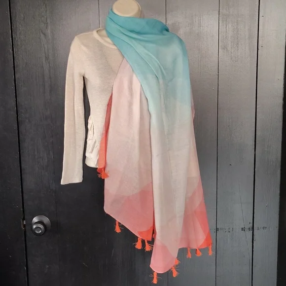 🌇 Mary Kay Large Scarf Shawl Wrap. Orange and Aqua. - Picture 1 of 14